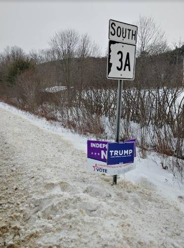 A Donald Trump campaign sign was clamped on top of a Nikki Haley sign on Route 3A in Hill, N.H. A Donald Trump campaign sign was clamped on top of a Nikki Haley sign on Route 3A in Hill, N.H.