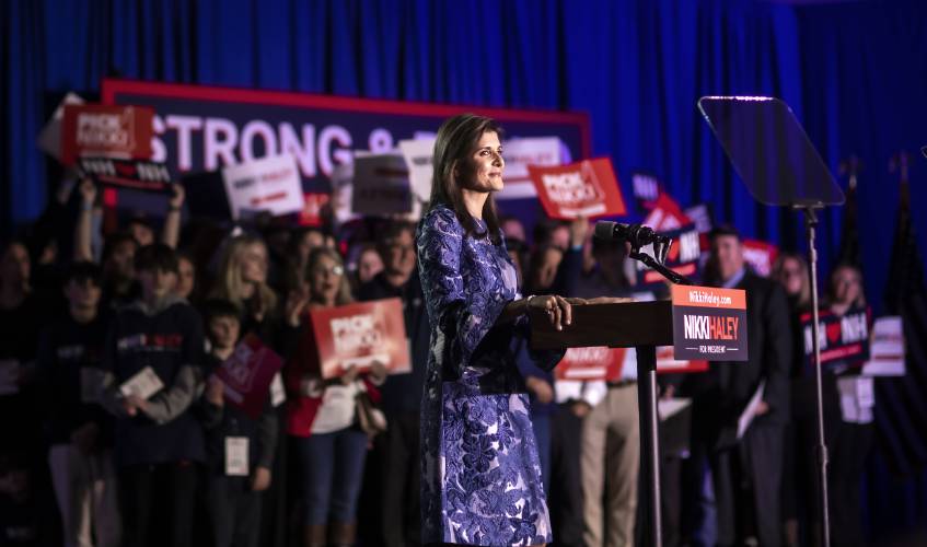 Former Gov. Nikki Haley reassured her supporters she is carrying on in the race against Donald Trump after coming in second in the New Hampshire Primary as she spoke at the Grappone Conference Center in Concord on Tuesday night, January 23, 2024.