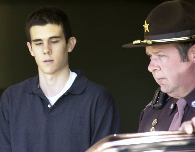 In this Dec. 7, 2001 file photo, James Parker is brought into court in Haverhill, N.H. where he faces charges in connection with the stabbing deaths of two Dartmouth College professors. Parker, who has served more than half of his life in prison for his role in the 2001 stabbing deaths of two married Dartmouth College professors as part of a plan to rob and kill people before fleeing overseas was granted parole Thursday, April 18, 2024. 