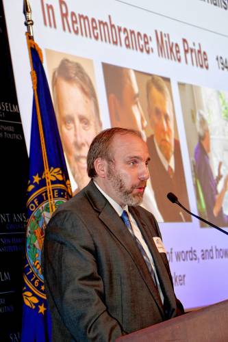 Misha Pride speaks about his later father Mike Pride's impact on journalism and love for his family at the New Hampshire Press Association annual awards last week at the New Hampshire Institute of Politics. 
