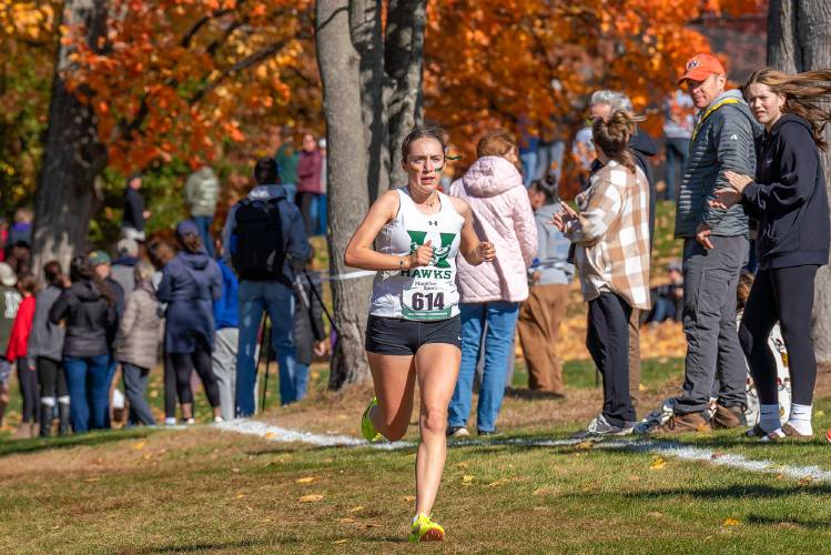 Hopkinton’s Maddy Lane races towards the finish line at Derryfield Park in Manchester at the NHIAA Division III cross country championship on Oct. 26. Lane defended her D-III title, finished second at the Meet of Champions and came in fifth at New Englands on Saturday.