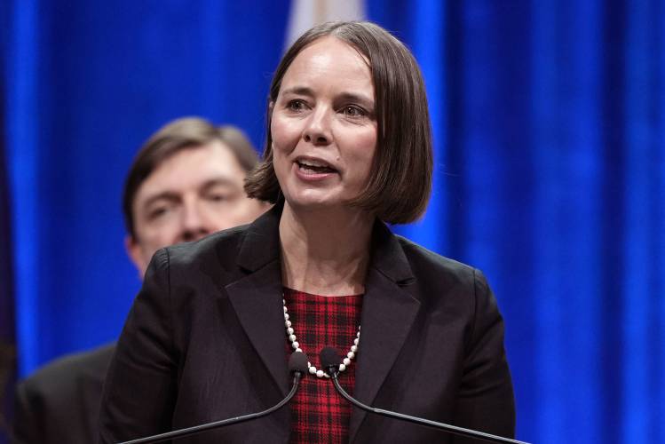 FILE - Maine Secretary of State Shenna Bellows speaks at an event, Jan. 4, 2023, in Augusta, Maine. Republicans who want to remove Maine's secretary of state from office in the wake of her decision to bar former President Donald Trump from the state's primary ballot will face long odds against an influential member of the state's majority-holding Democratic party. (AP Photo/Robert F. Bukaty, File)