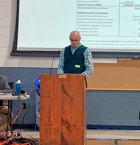 Outgoing School Board member Jeff Trexler explains the tax impact of the Dunbarton school budget for voters.