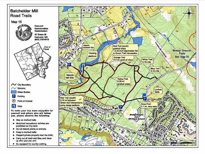 A map of the city's Batchelder Mill Road Trails shows the existing network, some of which would be displaced by the proposed middle school and athletic fields. 