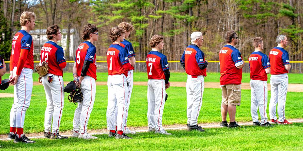 The Belmont baseball team wearing jerseys to honor Jake Deware, a former BHS student who died in 2020, ahead of the Red Raiders' game against Winnisquam on Monday, May 6, 2024.