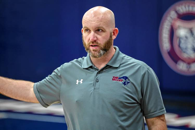 Merrimack Valley volleyball head coach Tom Clark during the Pride’s first ever home varsity match on Friday.