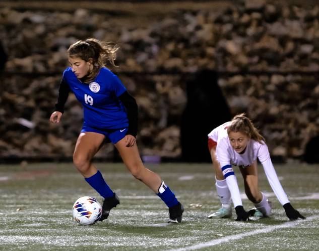 Concord Christian forward Makayla Baglio dribbles around a Profile player during the second half of the Division IV girls’ soccer championship at Laconia High School on Nov. 8. Baglio was named to the D-IV All-State First Team.