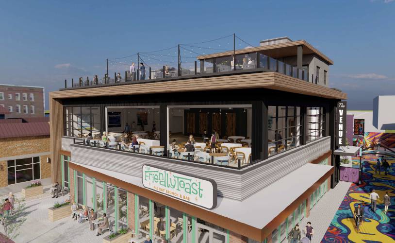 Renderings from a new proposal for the Arts Alley development show the reduced size of its building on South Main Street — down to two floors with a roof deck — and the addition of a restored antique, galley-style diner to its footprint. 