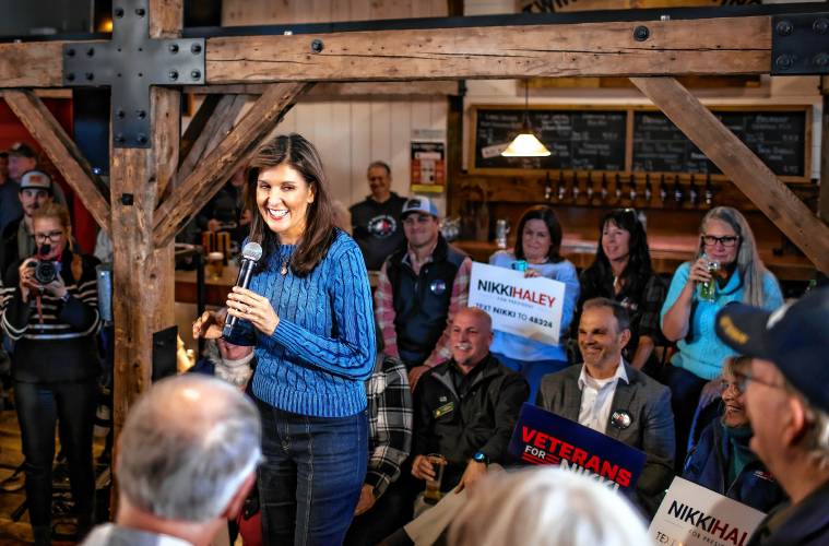 Presidential candidate Nikki Haley addresses the packed house at the Twin Barns Brewing Company in Meredith on Wednesday.