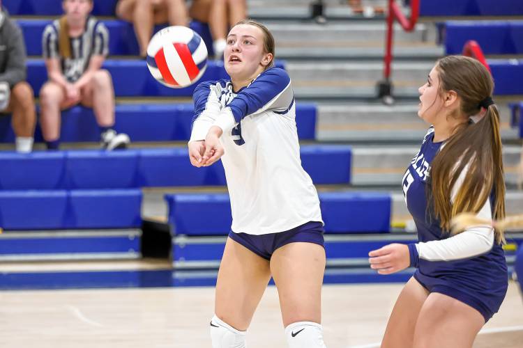 Merrimack Valley’s Mackenzie Shelby (9) sets the ball as teammate Taliyah Chudoba (13) watches. Playing in its first ever home varsity match, the MV volleyball team fell to Kingswood, 25-10, 25-14, 25-9, on Sept. 6. Merrimack Valley’s Mackenzie Shelby (9) sets the ball as teammate Taliyah Chudoba (13) watches. Playing in its first ever home varsity match, the MV volleyball team fell to Kingswood, 25-10, 25-14, 25-9, on Sept. 6.