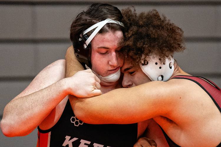 Concord’s Wayne Gutierrez-Sakakeeny (right) wrestles Keene's Evan Ray in the heavyweight bout at the Keene Minickiello Holiday Wrestling Tournament on Saturday. Ray won the 285-pound title with a pin in the second period, but Concord took home the team title.