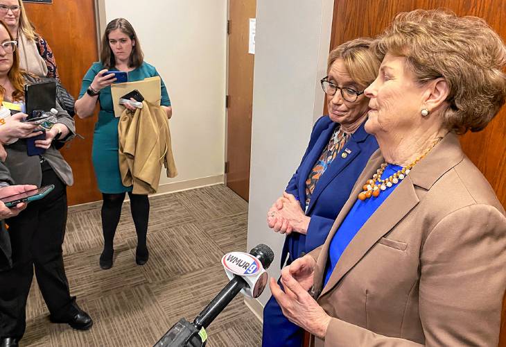 U.S. Sens. Jeanne Shaheen, right, and Maggie Hassan, second from right, take questions from reporters at an event in Manchester on Monday. The two have spoken out against President Donald Trump’s Cabinet picks, as well as his proposed funding cuts and work with Elon Musk. U.S. Sens. Jeanne Shaheen, right, and Maggie Hassan, second from right, take questions from reporters at an event in Manchester on Monday. The two have spoken out against President Donald Trump’s Cabinet picks, as well as his proposed funding cuts and work with Elon Musk.