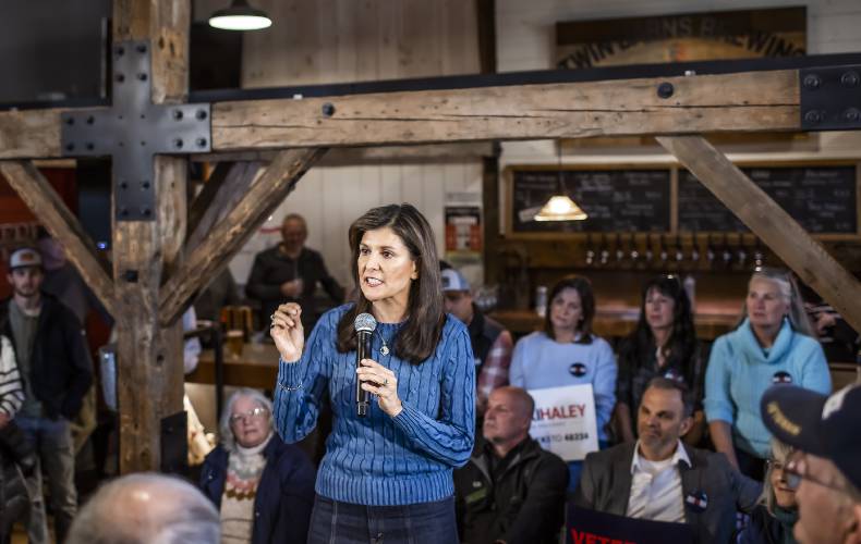 Presidential candidate Nikki Haley addresses the packed house at the Twin Barns Brewing Company in Meredith on Wednesday, November 29, 2023.
