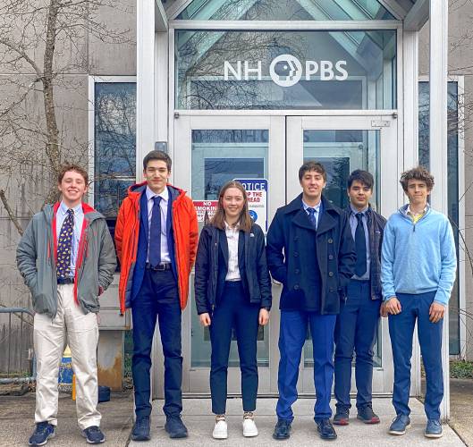 The Hopkinton High School Granite State Challenge team outside the NH PBS studio in Durham. From left to right: Jackson Kovar, Adam Richter, Flo Dapice, Colton Murphy, Thomas Ashton and Fin Murphy.