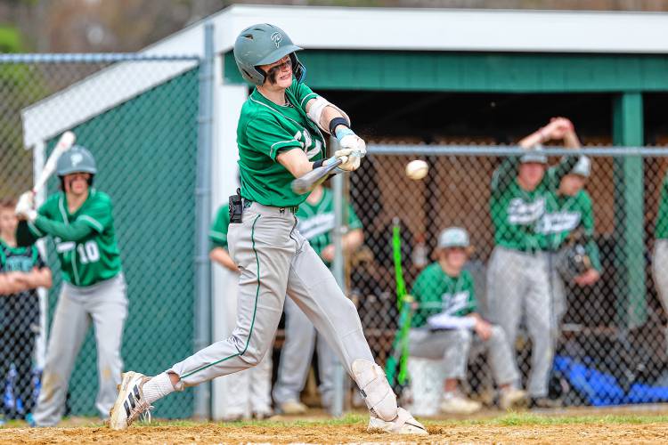 Devin Riel tries to square up a pitch for Pembroke during the Spartans' 14-9 defeat against Merrimack Valley on Thursday, May 2, 2024.