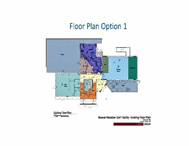 Floor plans of three potential options for the Beaver Meadow Clubhouse project: a renovation, a renovation with an addition and a new building.