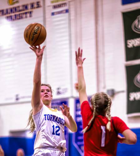 Franklin guard Kourtney Kaplan pulls up for a shot against Mount Royal on Friday.