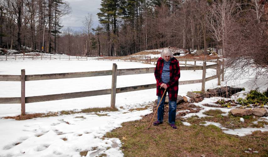 Virginia LaPlante outside the former horse ring used for competions at her farm in Canterbury on Wednesday, March 27, 2024. New Hampshire Horse Council’s Board of Directors named LaPlante, New Hampshire's 2024 Horse Person of the Year.