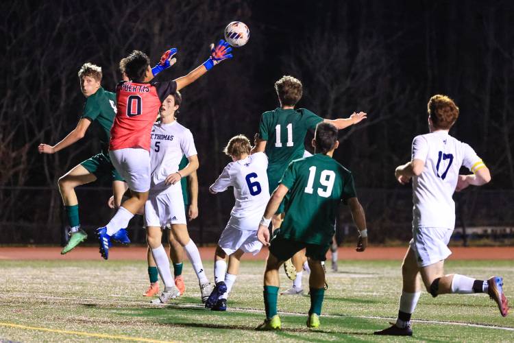 St. Thomas’ goalkeeper Ben Puertas (0) had a huge performance to keep the Saints in the game, but a set-piece mishap cost the Saints the game, allowing Hopkinton to claim the 1-0 victory in Wednesday night’s semifinal.