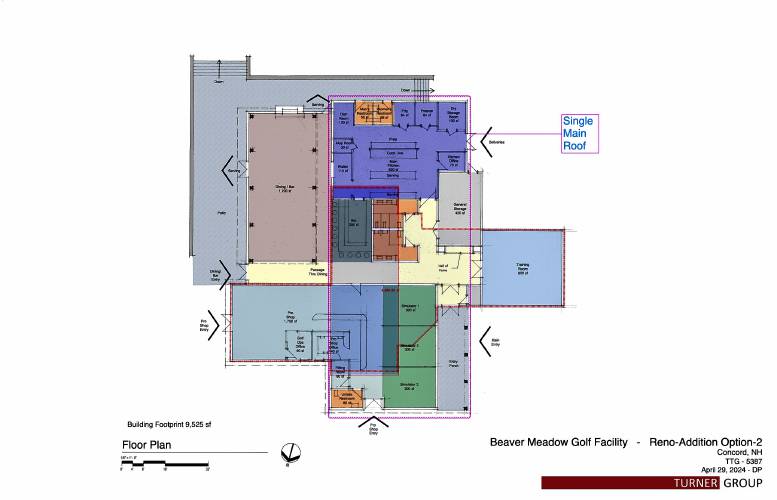 Floor plans of three potential options for the Beaver Meadow Clubhouse project: a renovation, a renovation with an addition and a new building.