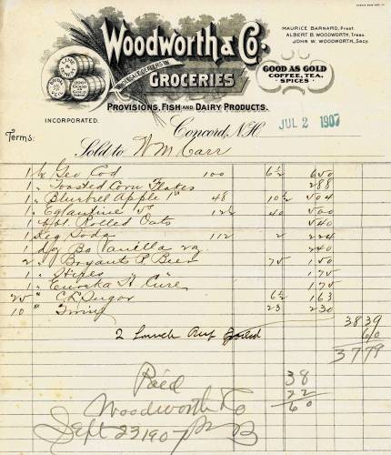 A grocery receipt in 1907 from the Concord Public Library Digital Collections.