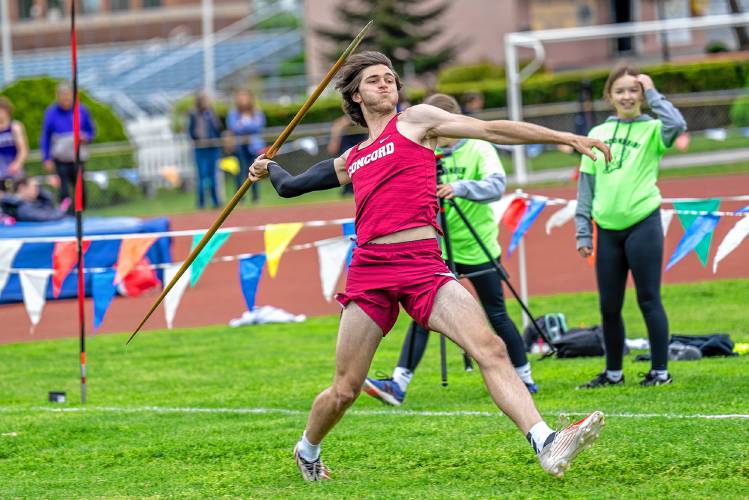Concord’s Nick Reynolds throws the javelin at the Londonderry Invitational on May 18. Reynolds won Division I, Meet of Champions and New England titles in the javelin, and was one of eight Concord High School records that were broken in 2024.