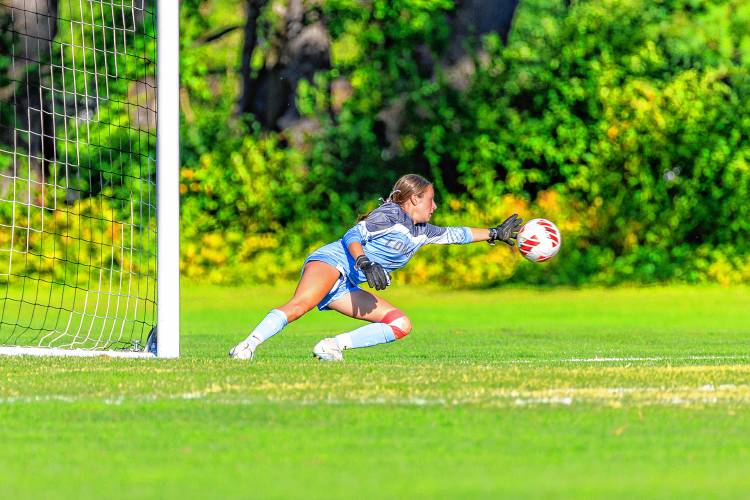 Concord goalkeeper Cam Dubois makes a diving save in the first half of Tuesday’s match against Pinkerton. Pinkerton and Concord played to a 2-2 draw. 