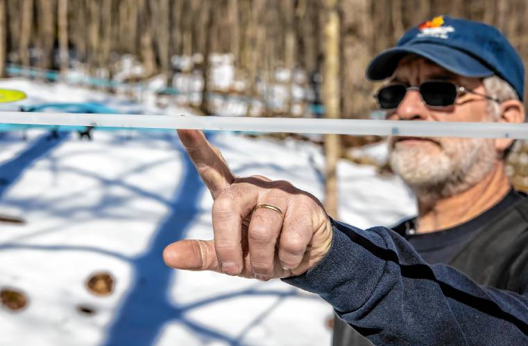 Mike Moore of Sunnyside Maples in Loudon taps on a sap line out in the woods behind the store on Route 106 on Monday, March 10, 2025. Moore was checking to see if the sap was running through lines effectively as the temperture got into the low 50s. Sunnyside has a three horsepower vacuum pump that drains into a large tub outside of the sap house. New Hampshire Maple Weekend is this coming weekend and Sunnyside is open both Saturday and Sunday from 8 a.m. to 4 p.m. and is offering tours and sap to syrup demonstrations. For more information on the maple weekend around the state, check out https://nhmapleproducers.com/maple-weekend-2/