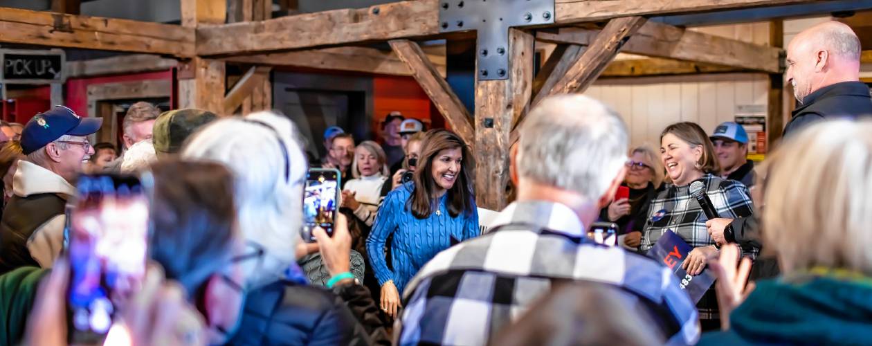 Supporters cheer as Presidential candidate Nikki Haley arrives at the Twin Barns Brewing Company in Meredith on Wednesday, November 29, 2023.