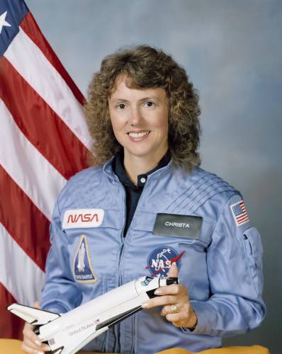 This Sept. 26, 1985 photo made available by NASA shows astronaut Sharon Christa McAuliffe. The high school teacher from Concord, N.H., never got to teach from space. She perished during the 1986 launch of shuttle Challenger, along with her six crewmates. (NASA via AP) 