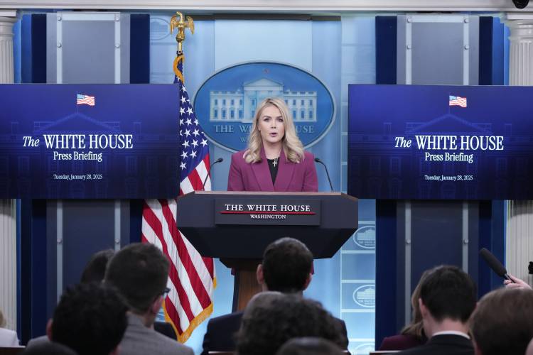 White House press secretary Karoline Leavitt speaks with reporters in the James Brady Press Briefing Room at the White House, Tuesday, Jan. 28, 2025, in Washington. (AP Photo/Alex Brandon)