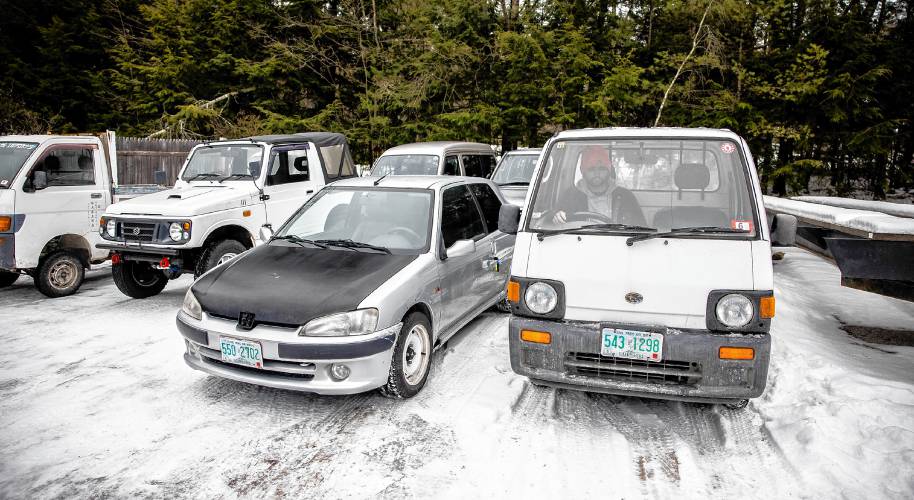 Stan Nelson, who co-owns Granite State Imports in Hopkinton, starts up a Subaru mini dump truck at their location on Sugar Hill Road on Friday, January 31, 2025. Nelson and co-owner Dylan Beckerman import the vehicles from Japan and they work with Village Street Garage in Penacook to get them to pass inspection and then the pair do modifications for their clients.
