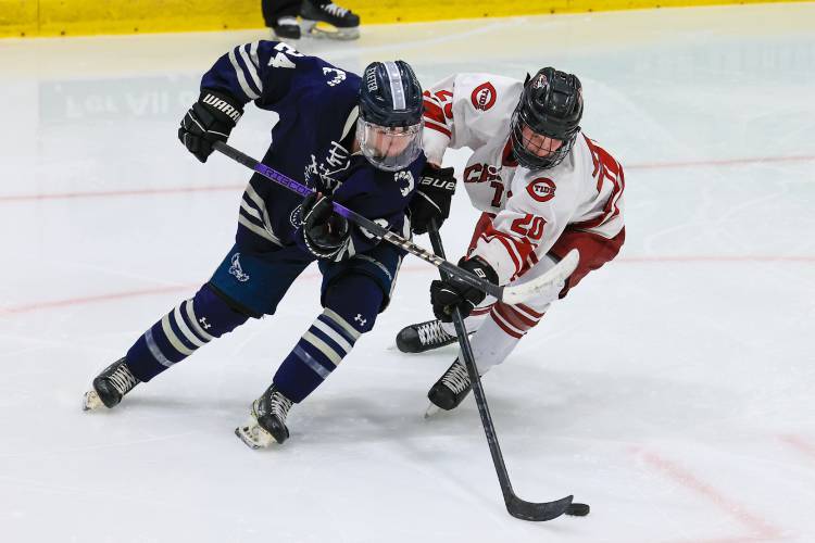 FILE – Concord junior Trevor Craigue pokes the puck away from Exeter’s West Vaillant during a Feb. 14 game.