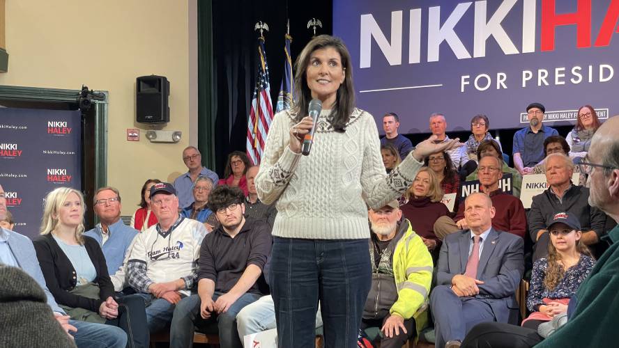 Former South Carolina governor Nikki Haley speaks to voters to Derry earlier this week. Paul Steinhauser / For the Monitor