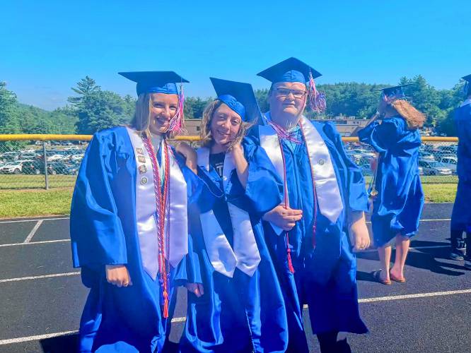 Olivia Worthen, Fiona Windsor and Mathew Wilson at the John Stark Regional High School graduation ceremony on Saturday morning.