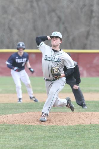 RIGHT: Pembroke senior pitcher Owen Stewart dominated the mound and shut out Merrimack Valley in six of seven innings to earn his first win of the baseball season, 6-3.