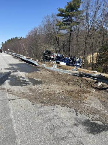 A propane tanker truck rolled over on I-93 North on Tuesday morning. A propane tanker truck rolled over on I-93 North on Tuesday morning.