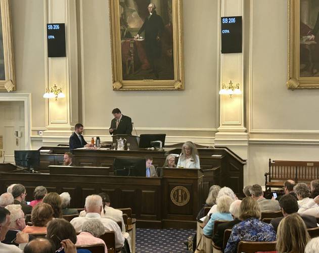 Rep. Muriel Hall, a Democrat from Bow, speaks in favor of a bell-to-bell ban on cell phones in schools ahead of the House of Representatives vote on Thursday, June 5, 2025. Rep. Muriel Hall, a Democrat from Bow, speaks in favor of a bell-to-bell ban on cell phones in schools ahead of the House of Representatives vote on Thursday, June 5, 2025.