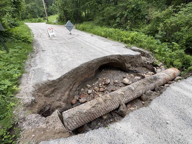 Weekend storm washes out Gould Pond Road in Henniker.