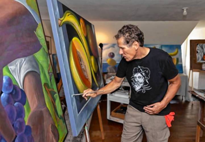 In his studio in Jaffrey, artist Jay Mercado likes to work on multiple pieces at the same time, going back and forth between each piece as they slowly come to life.