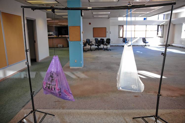 Both the purple trash bag and the store bought bag withstood the 20-pound test hanging from a crossbar. The purple bag string did stretch a bit farther than the store bought bag.