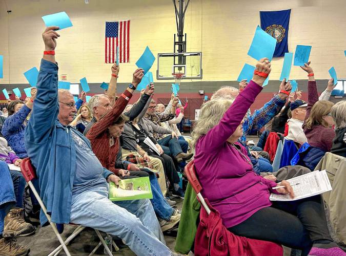 Loudon residents hold up their blue voting cards to cast their decision on a new aerial ladder firetruck. The measure failed, 114-228.