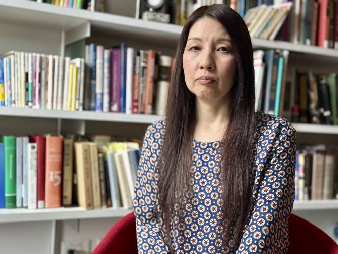Sachi Schmidt-Hori, a Japanese literature and culture professor who was a consultant on the Assassin’s Creed Shadows video game, in her office at Dartmouth College on April 2.