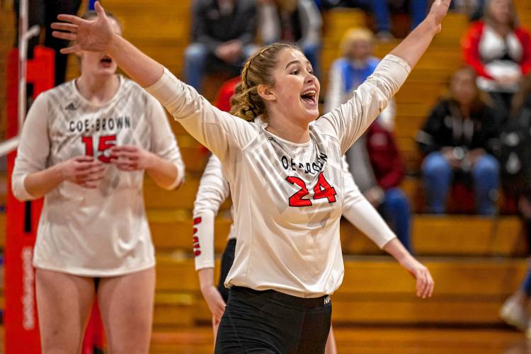 Coe-Brown’s Annie Jerome celebrates after a point for the Bears during their semifinal matchup with Souhegan on Tuesday, Oct. 31, 2023.
