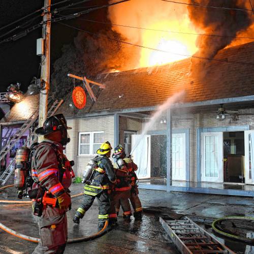 Flames left extensive damage in two buildings on Plymouth’s Main Street Saturday night, including what used to be Downtown Pizza. Neither had active commercial tenants and had no occupants when the fire erupted. Its cause is still under investigation. 