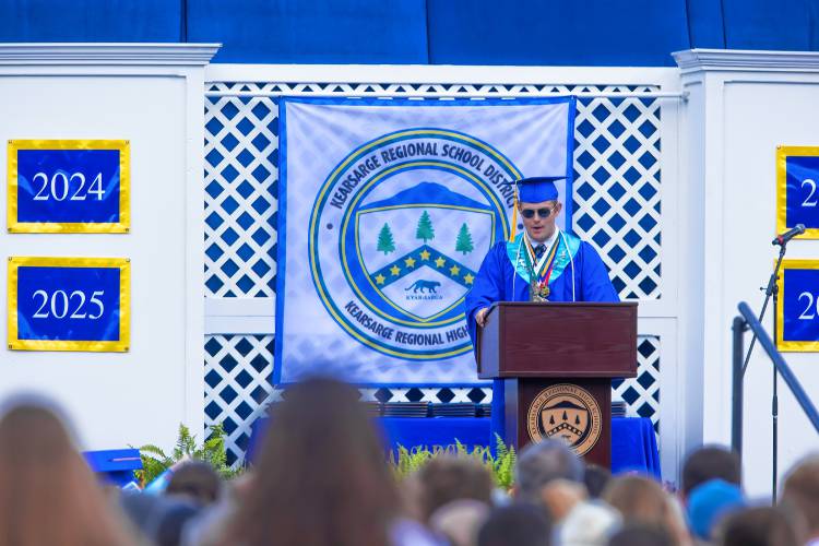 Kearsarge Regional High School graduate Thomas Shepard speaks to the crowd during his student address at the school graduation ceremony on Saturday, June 8, 2024.