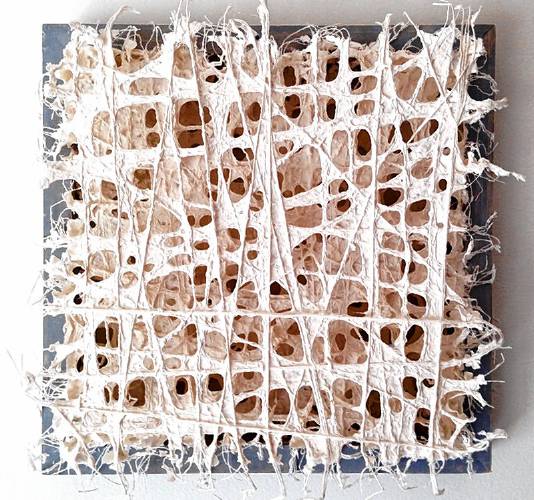Dayna Talbot:  “Fragmentation”, abaca, pulp, thread and wood, 12 x 12 inches.