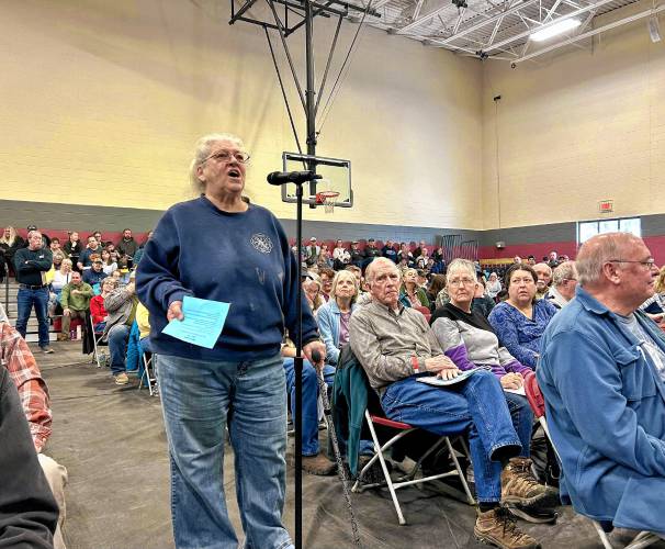 Laura Boccelli asks Loudon’s leaders why the town waited until its current truck was in such dire condition before pursuing a bond for a new one.