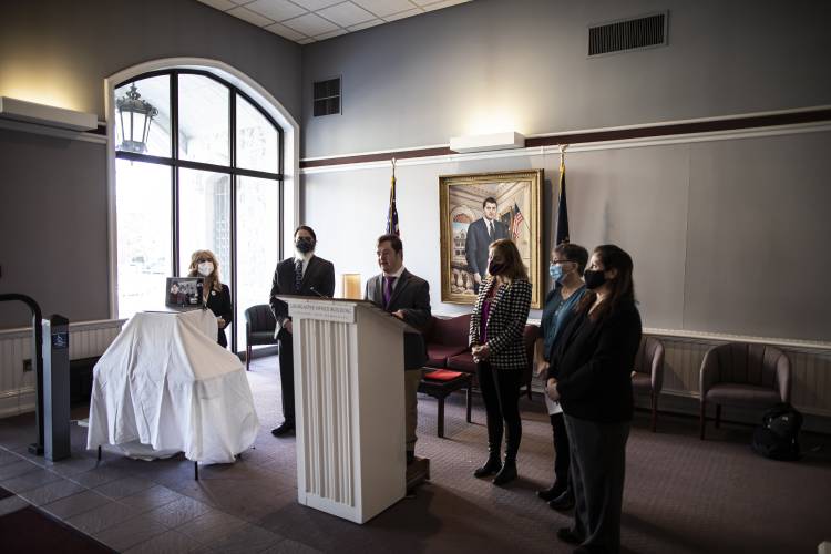 Forrest Beaudoin-Friede speaks during the press conference for ABLE New Hampshire, a disability justice organization on Tuesday afternoon, December 14, 2021.