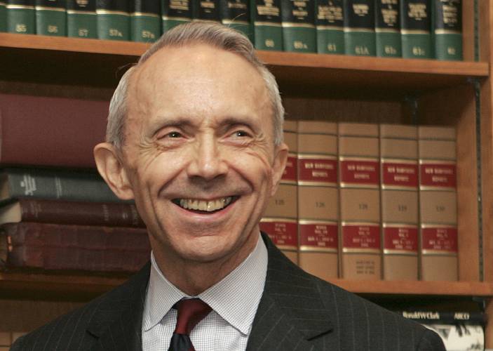 FILE - In this July 9, 2008 file photo, Supreme Court Justice David Souter, reacts after speaking at a dedication ceremony at the State Supreme Courthouse in Concord, N.H. (AP Photo/Jim Cole, File)